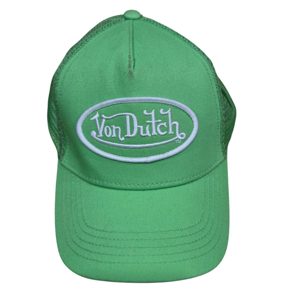 Von Dutch y2k Green Trucker Hat Oval Logo Mesh Snapback Boho Gorpcore Streetwear